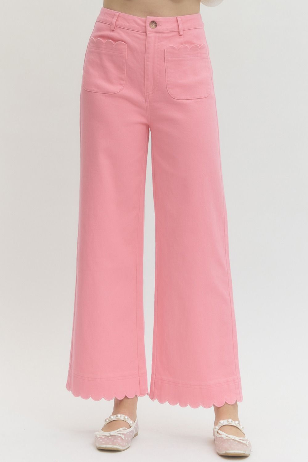 ENTRO Pink Wide Leg Scallop Trim Pants | Boro Belles & Babes